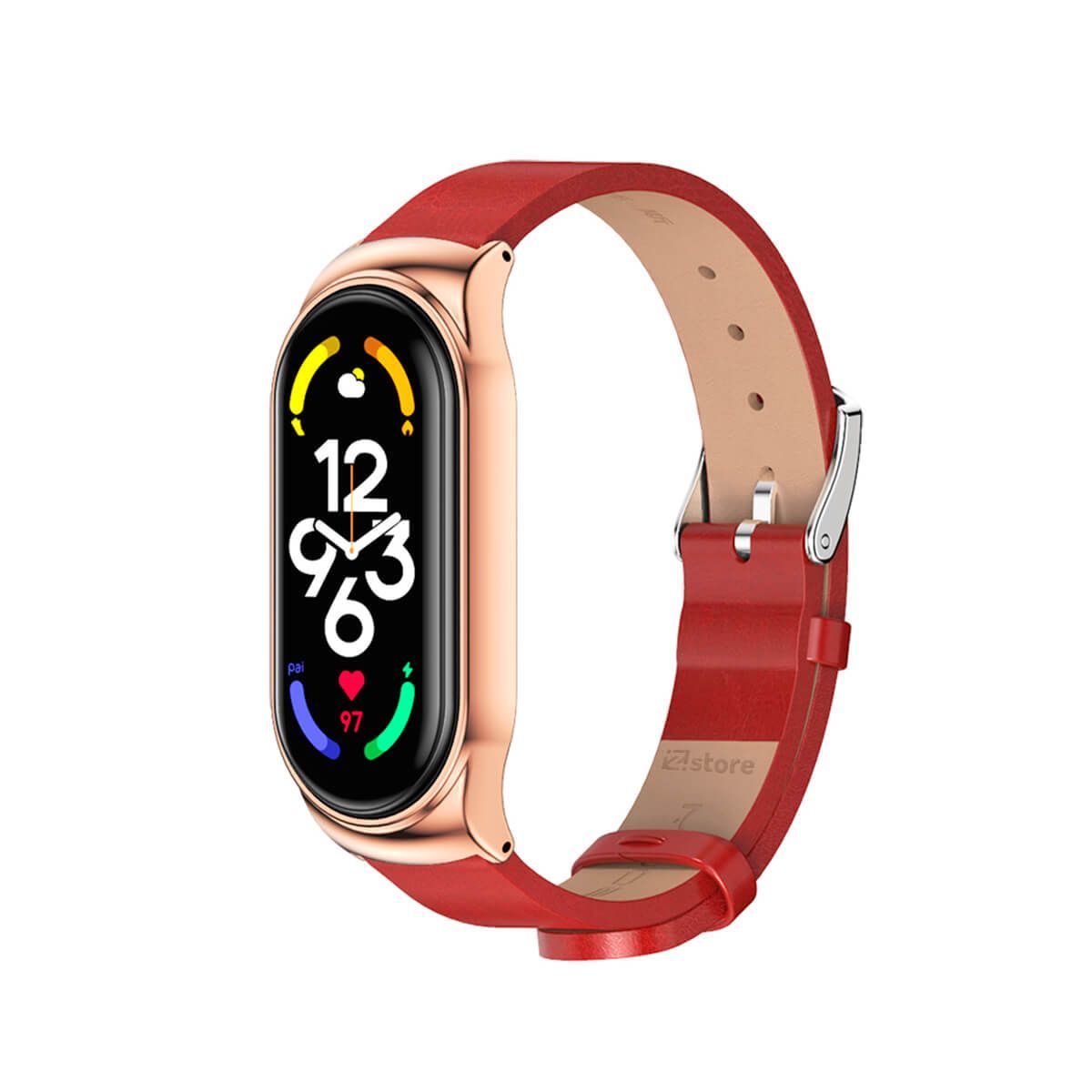 GENERICO - Correa de Cuero Compatible Con Xiaomi Mi Band 7 Metal Rojo-Gold Rose