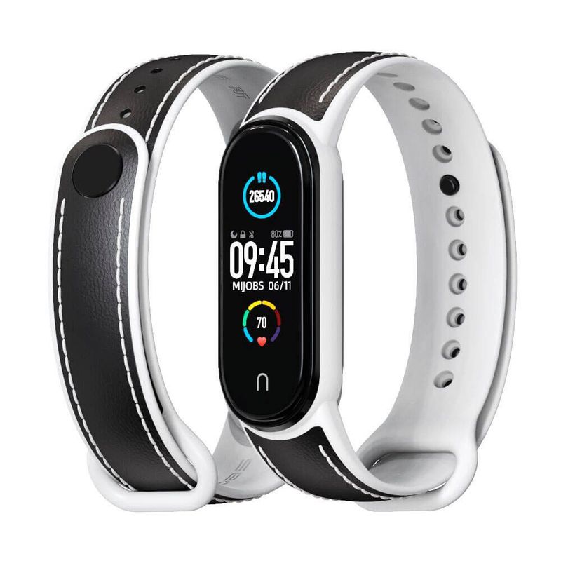 GENERICO - Correa De Cuero Compatible Con Xiaomi Mi Band 7 Negro M/Blanco