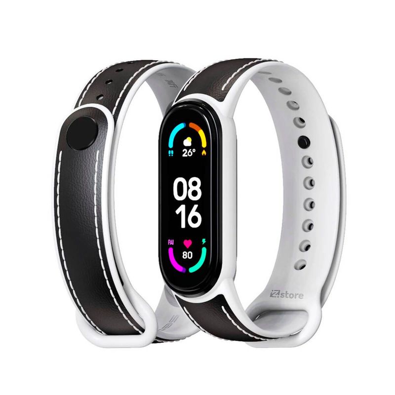 GENERICO - Correa De Cuero Compatible Con Xiaomi Mi Band 5 y 6 Negro M/Blanco