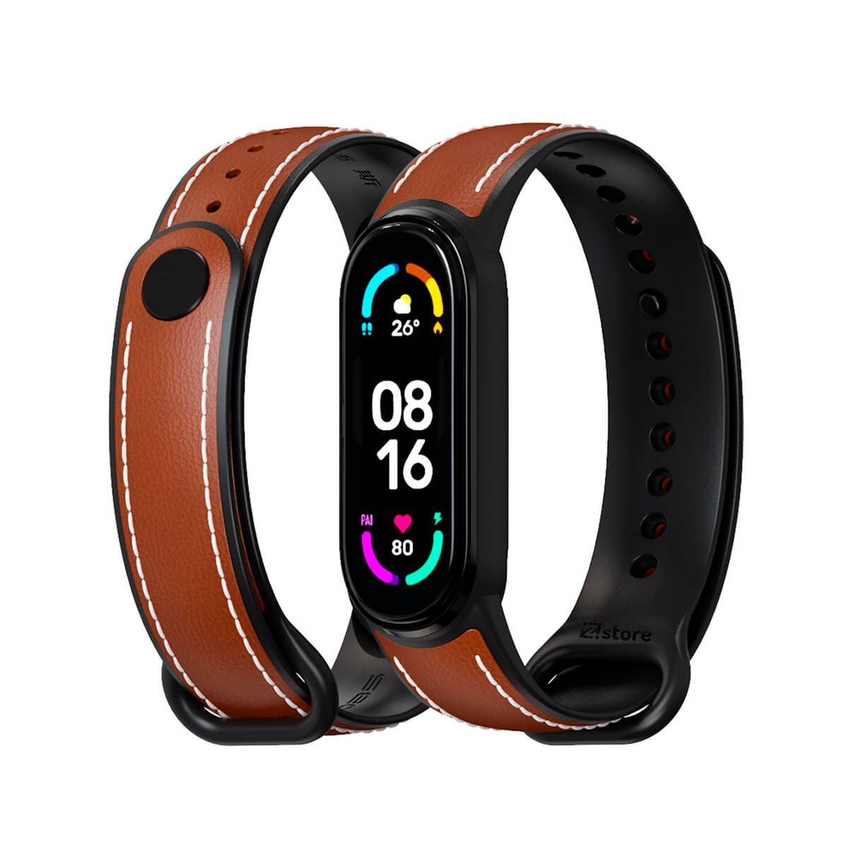 GENERICO - Correa De Cuero Compatible Con Xiaomi Mi Band 5 y 6 Marrón M/Negro