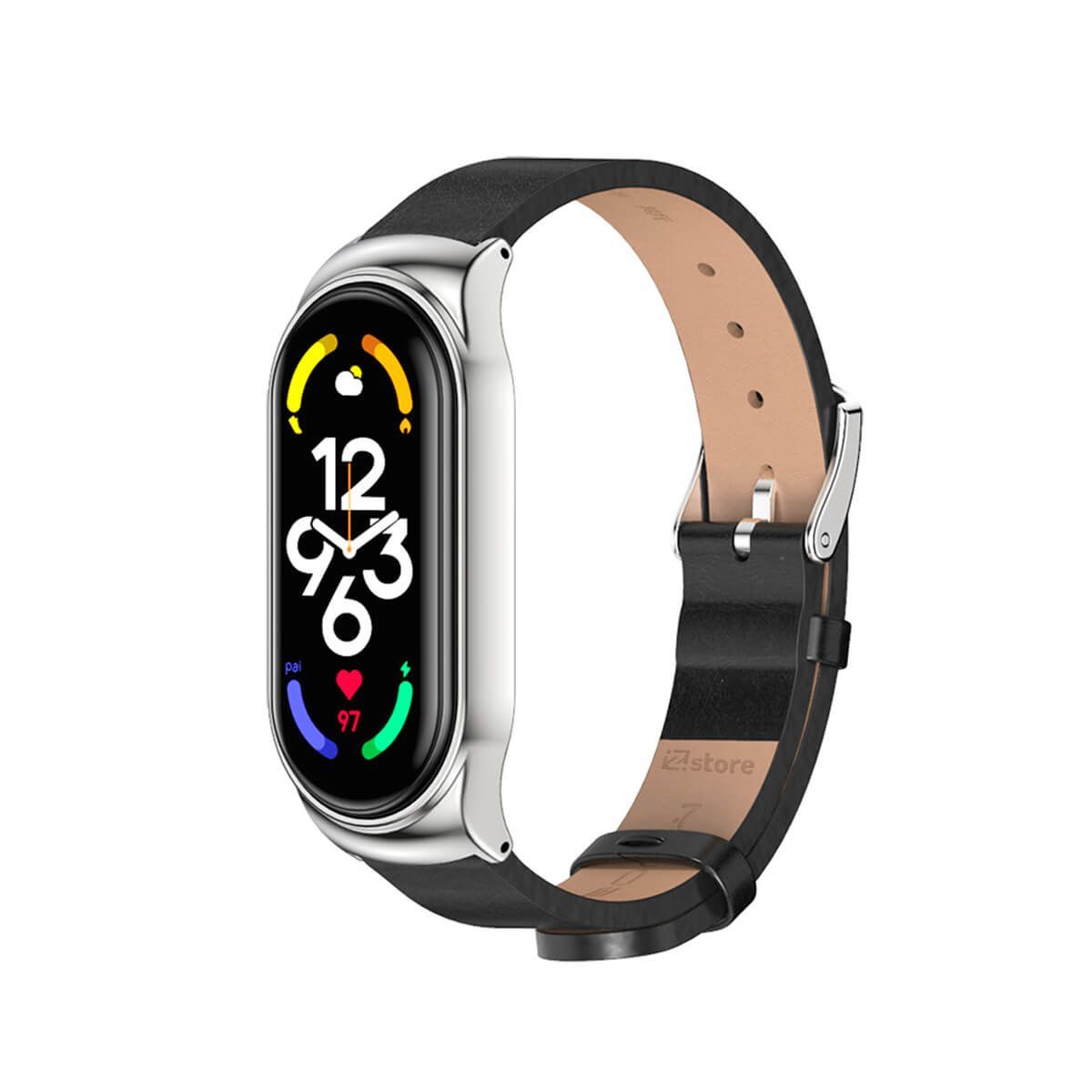 GENERICO - Correa de Cuero Compatible Con Xiaomi Mi Band 5 Metal Negro-Silver