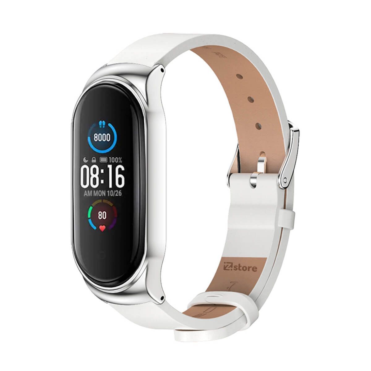 GENERICO - Correa de Cuero Para Xiaomi Mi Band 3 y 4 Metal Blanco-Silver