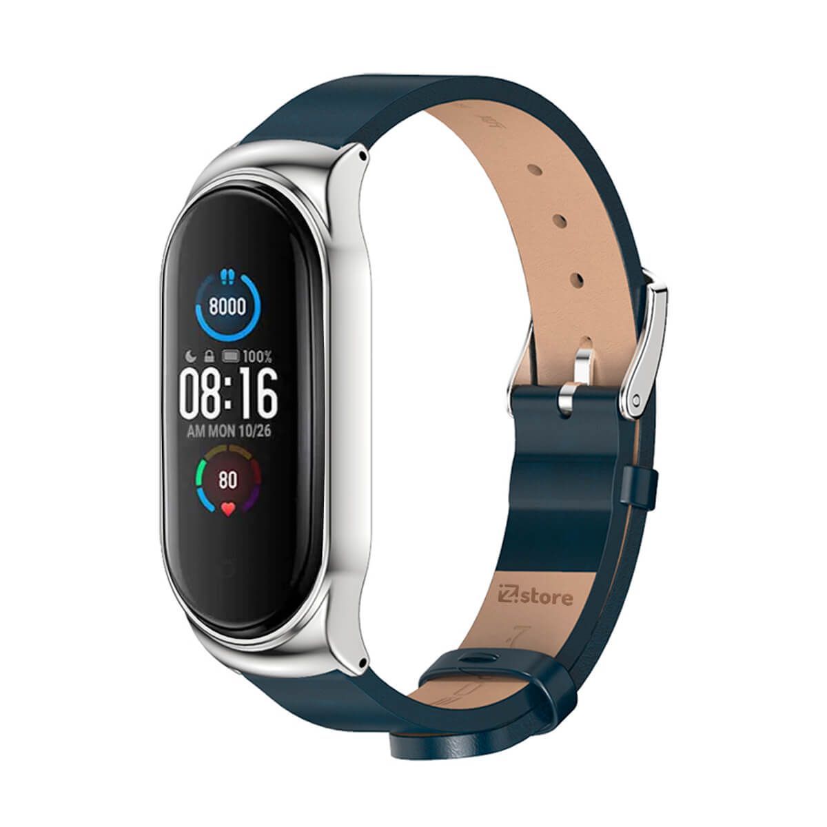 GENERICO - Correa de Cuero Compatible Con Xiaomi Mi Band 3 y 4 Metal Azul-Silver