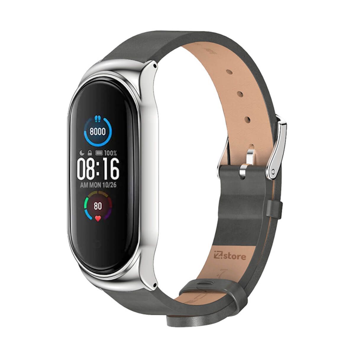 GENERICO - Correa de Cuero Compatible Con Xiaomi Mi Band 3 y 4 Metal Gris-Silver