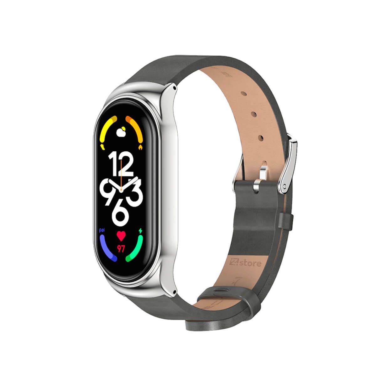 GENERICO - Correa de Cuero Compatible Con Xiaomi Mi Band 5 Metal Gris-Silver