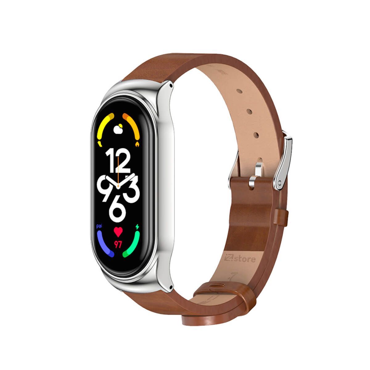 GENERICO - Correa de Cuero Compatible Con Xiaomi Mi Band 5 Metal Marrón-Silver