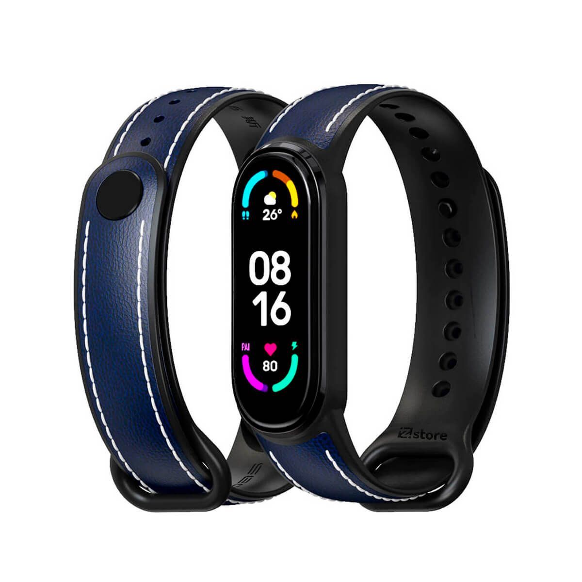GENERICO - Correa De Cuero Compatible Con Xiaomi Mi Band 5 y 6 Azul M/Negro