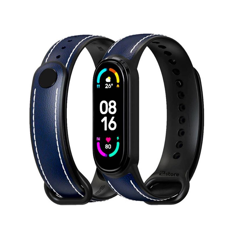 GENERICO - Correa De Cuero Compatible Con Xiaomi Mi Band 5 y 6 Azul M/Negro