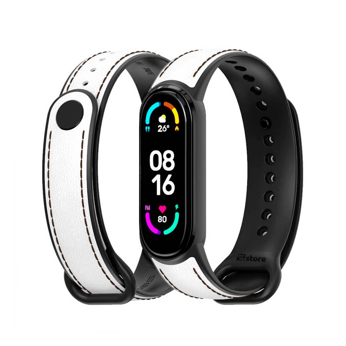GENERICO - Correa De Cuero Compatible Con Xiaomi Mi Band 5 y 6 Blanco M/Negro
