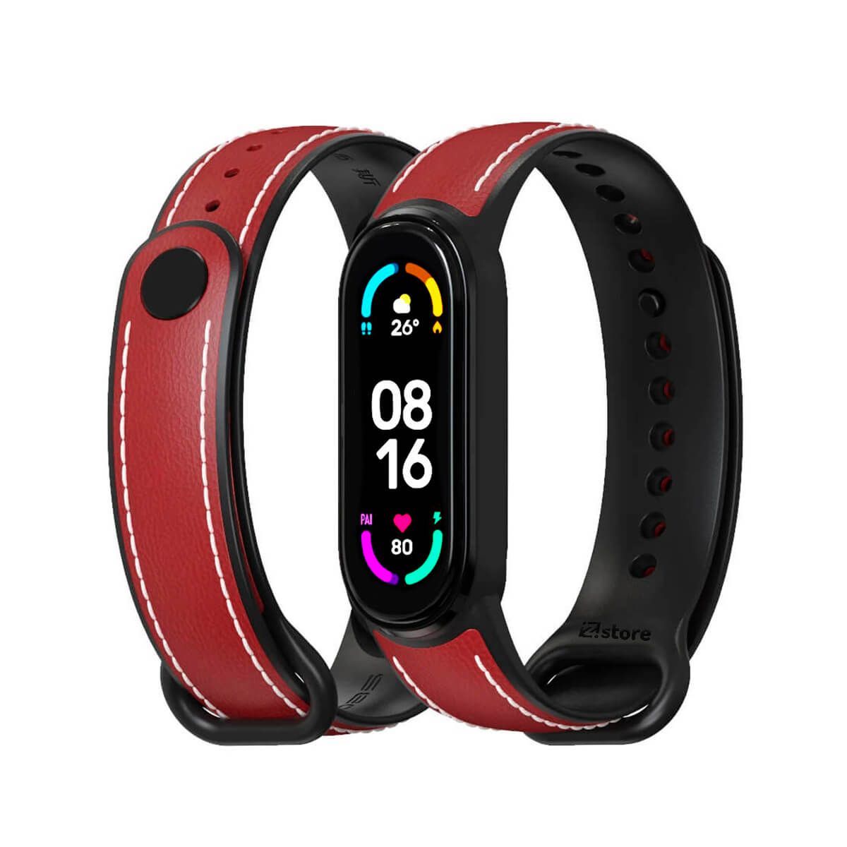 GENERICO - Correa De Cuero Compatible Con Xiaomi Mi Band 5 y 6 Rojo M/Negro
