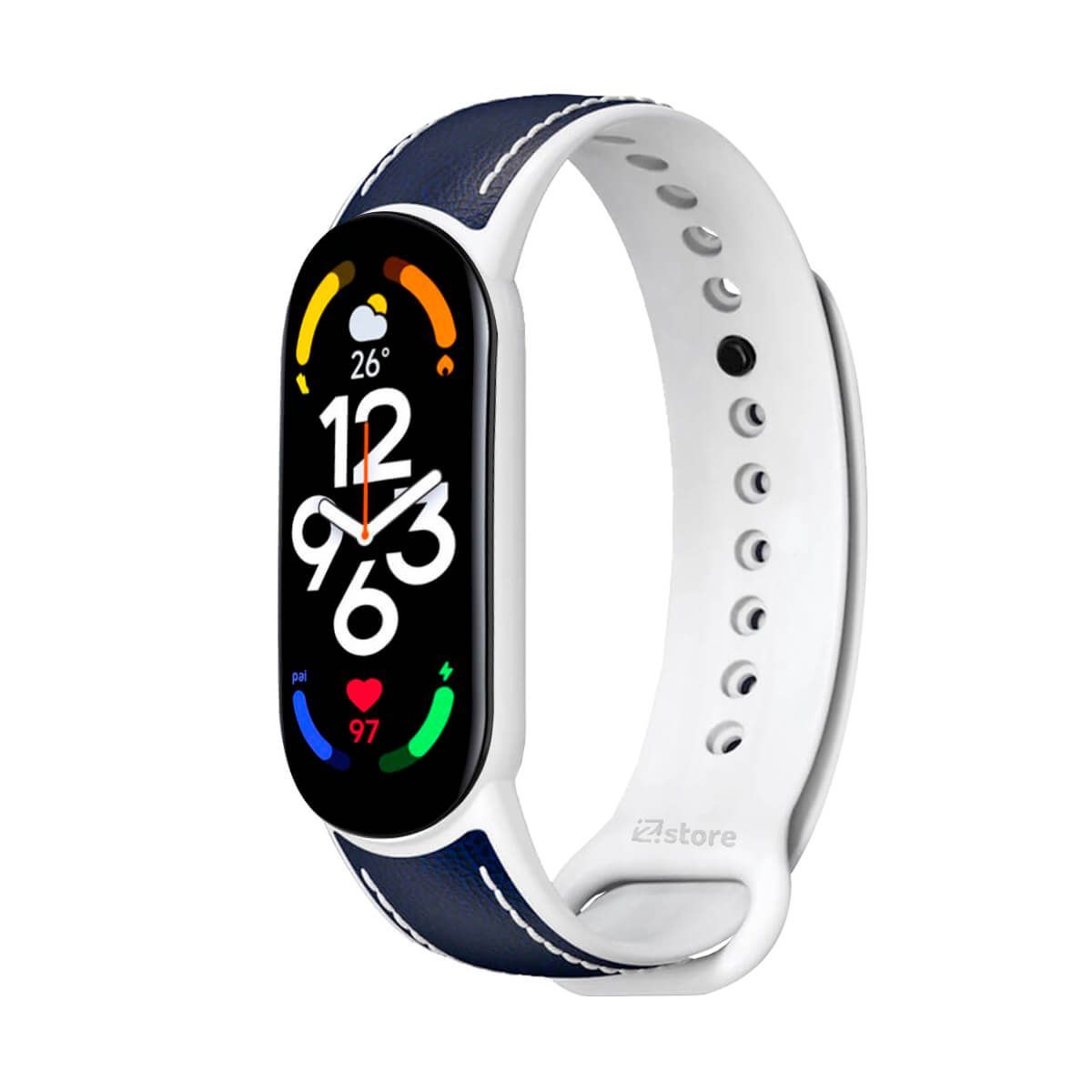 GENERICO - Correa De Cuero Compatible Con Xiaomi Mi Band 7 Azul M/Blanco