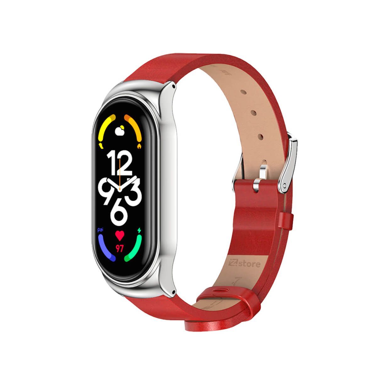 GENERICO - Correa de Cuero Compatible Con Xiaomi Mi Band 7 Metal Rojo-Silver