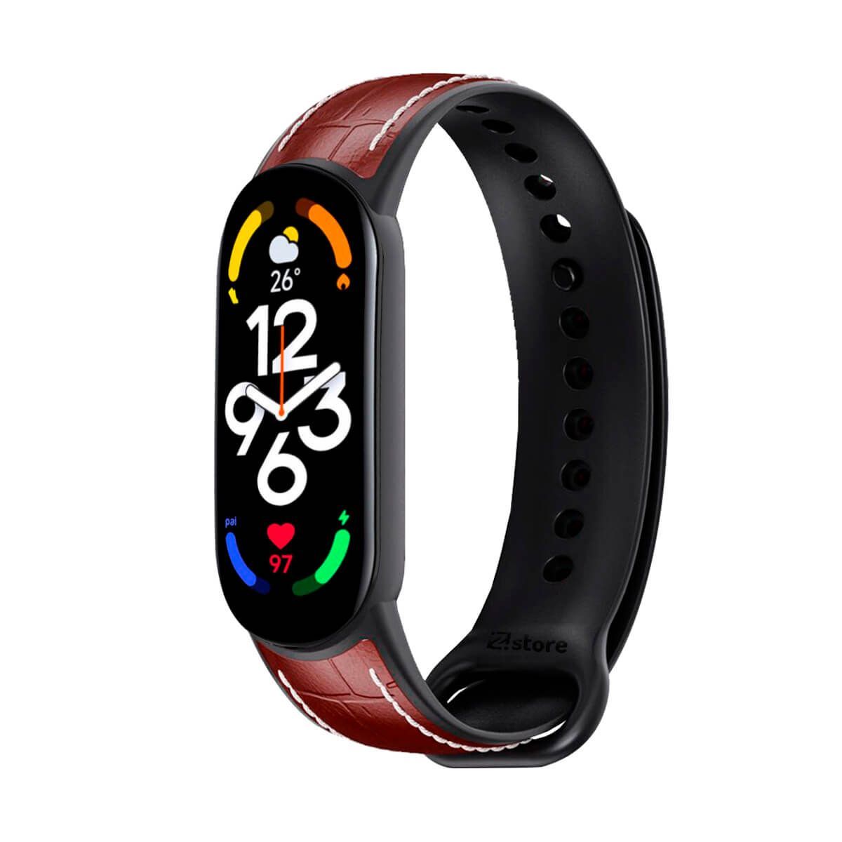 GENERICO - Correa De Cuero Compatible Con Xiaomi Mi Band 7 Marrón Oscuro M/Negro