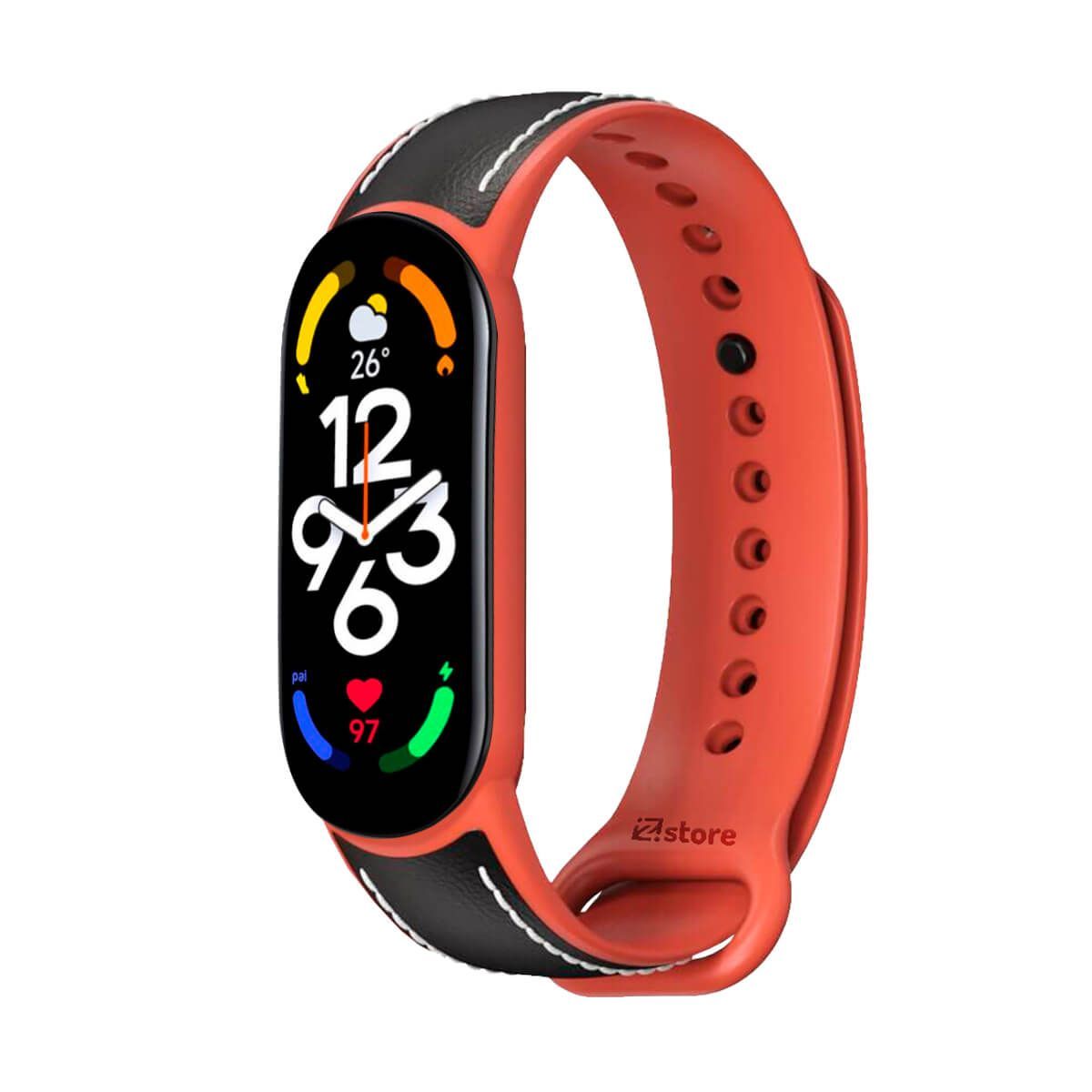 GENERICO - Correa De Cuero Compatible Con Xiaomi Mi Band 7 Negro M/Naranja