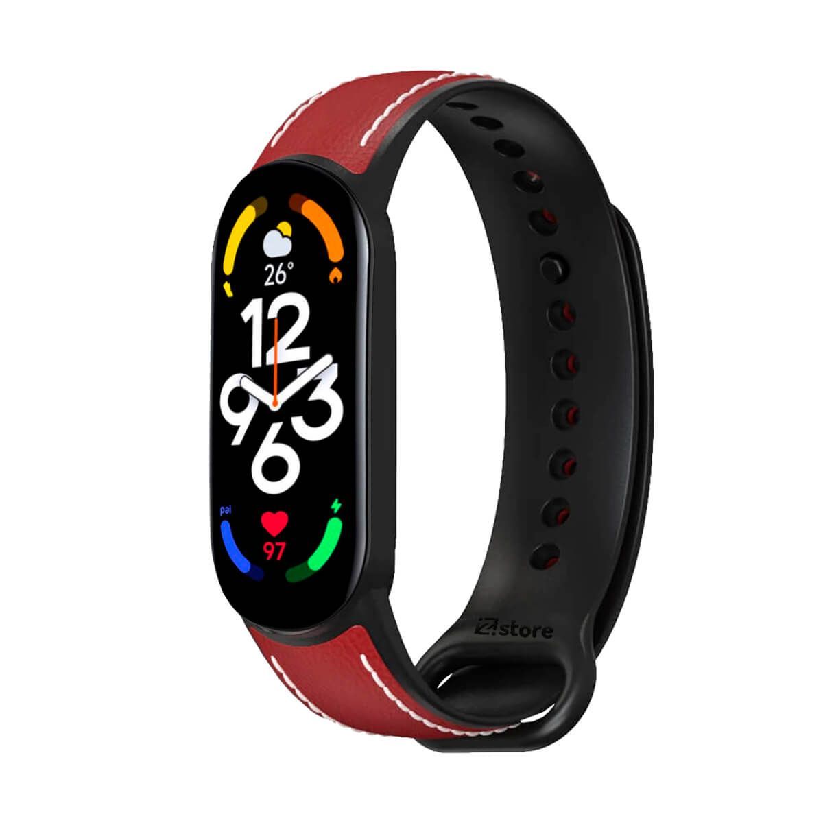 GENERICO - Correa De Cuero Compatible Con Xiaomi Mi Band 7 Rojo M/Negro