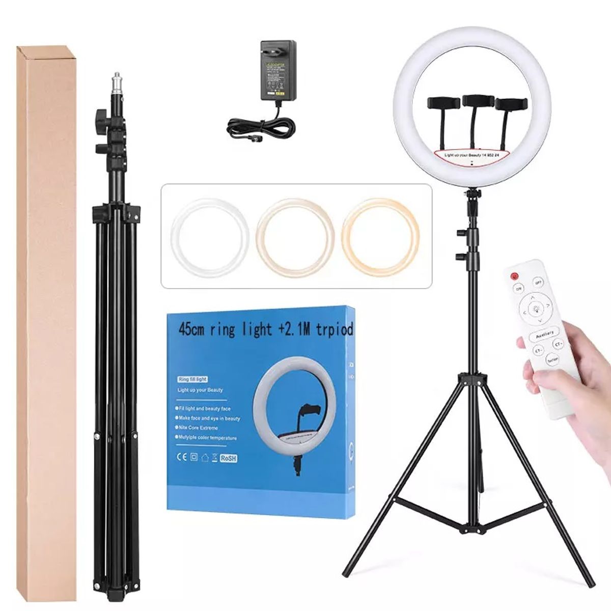 GENERICO - Aro Luz Led Touch 45 CM + Trípode + Control Remoto para 3 Celulares