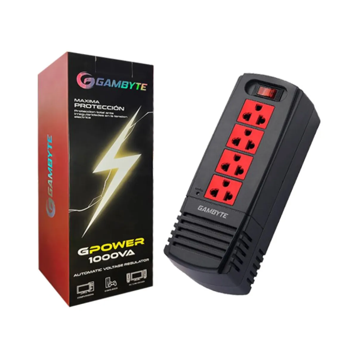 GAMBYTE - ESTABILIZADOR GAMBYTE 4 TOMAS 1000VA, 60 HZ INTERRUPTOR TERMICO