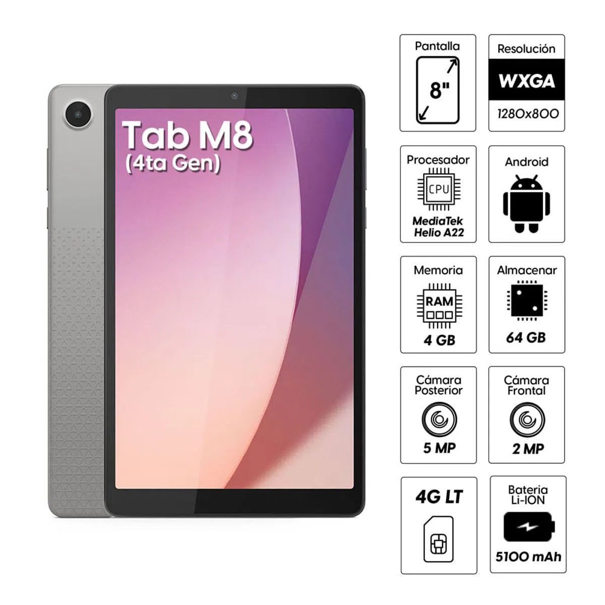 LENOVO - Tablet Lenovo Tab M8 4ta Gen TB300XU 8 ADS LCD 4G LTE 4GB 64GB Android 12 Folio Case  Film.