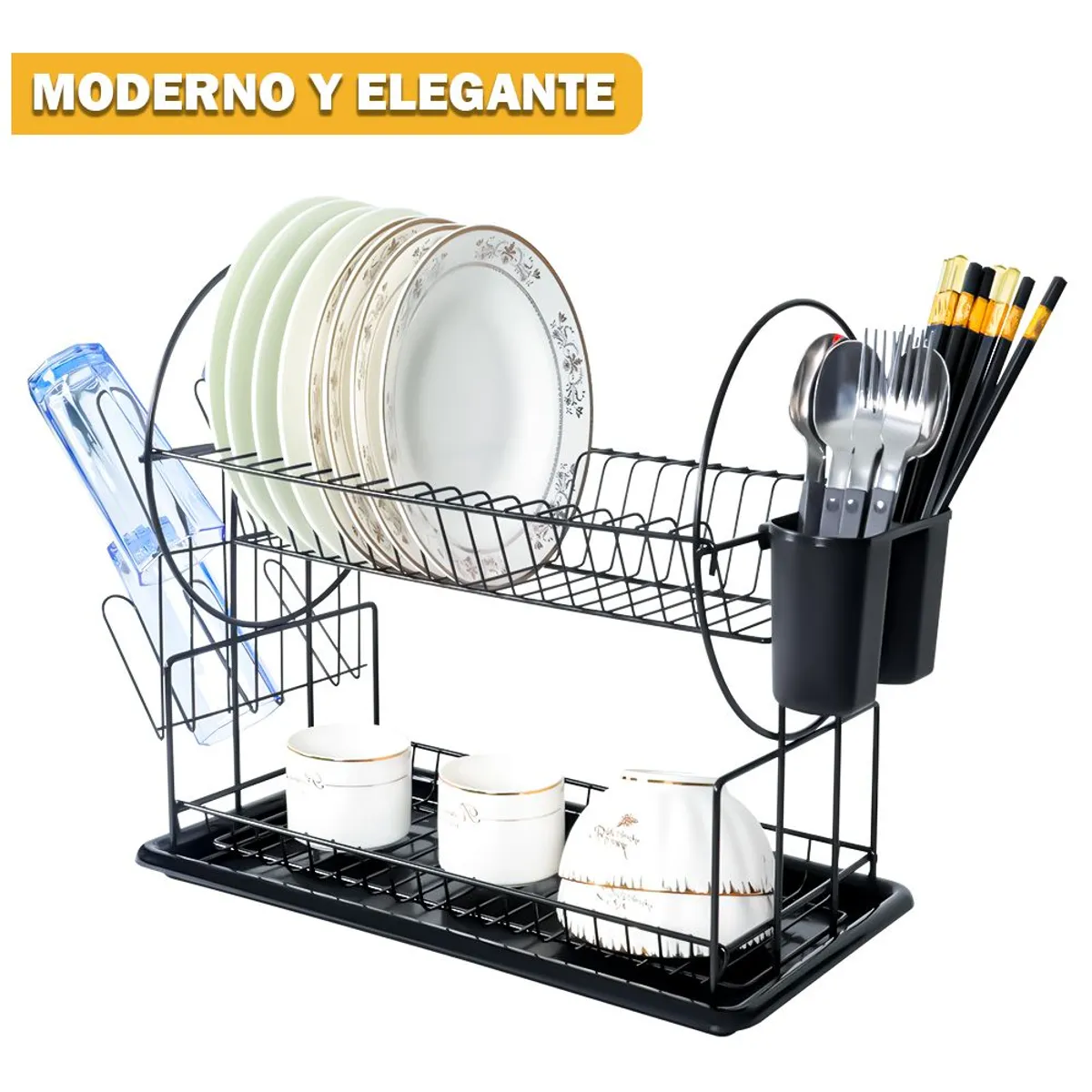 KELLER - Organizador Escurridor de Platos Vasos Moderno 2 Niveles C13 Negro