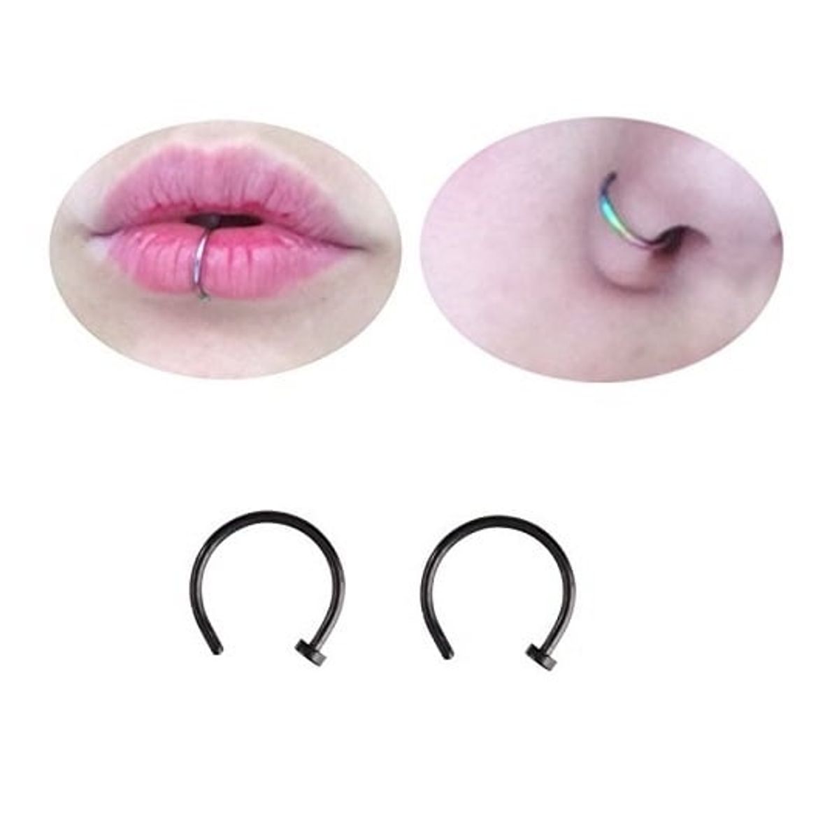GENERICO - Set x 2 Piercings argolla 8mm negro nariz o labio nostril labret