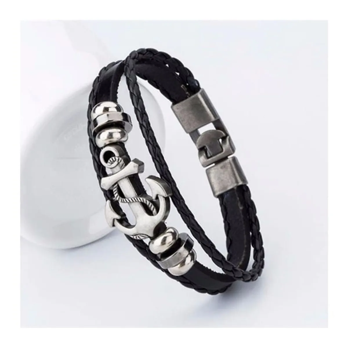 GENERICO - Pulsera de Cuero para hombres - Ancla Negra
