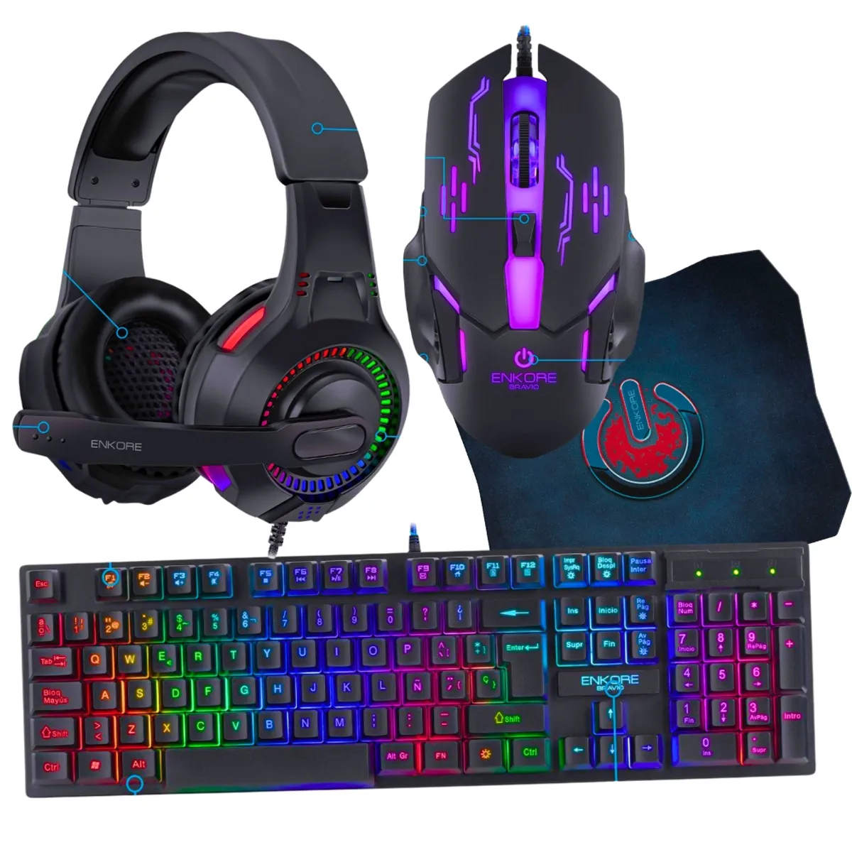 ENKORE - Kit Gamer 4 en 1:Teclado Gamer Semimecanico +Audífono+ Mouse+ Padmouse