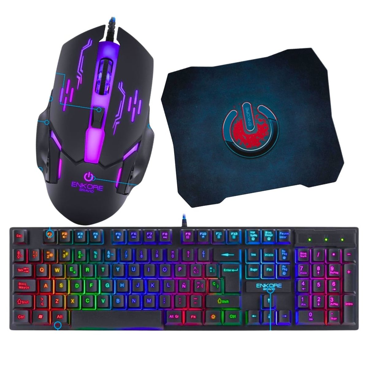 ENKORE - Kit Gamer 3 en 1: Teclado Gamer semimecanico + Mouse + Padmouse