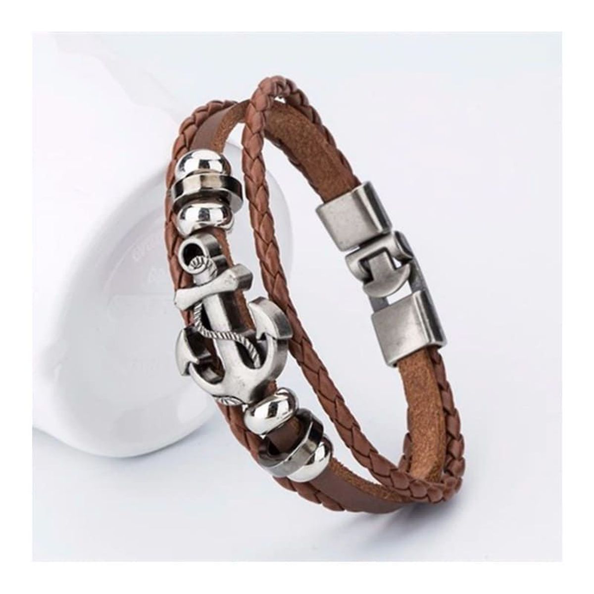 GENERICO - Pulsera de Cuero para hombres - Ancla Marrón