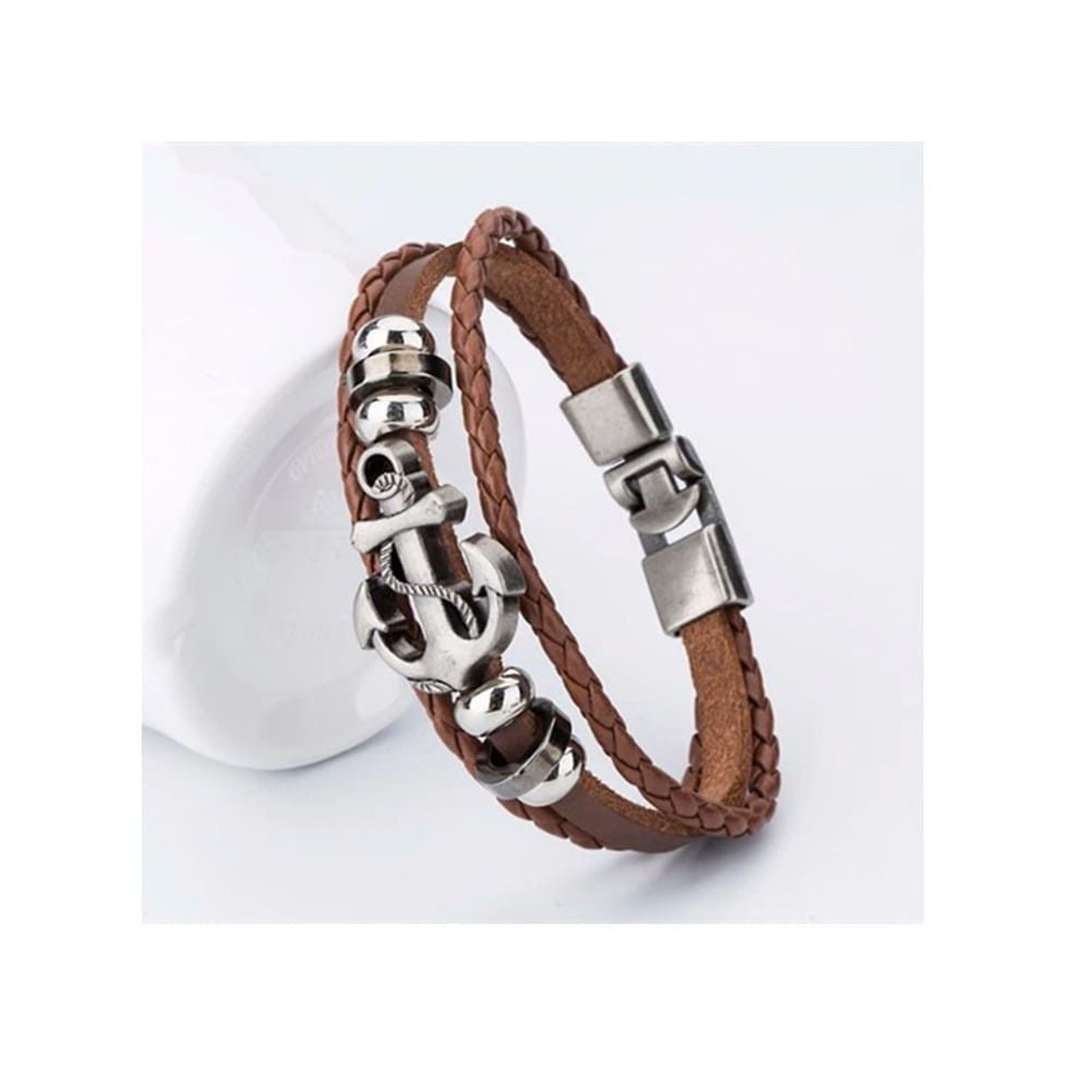GENERICO - Pulsera de Cuero para hombres - Ancla Marrón