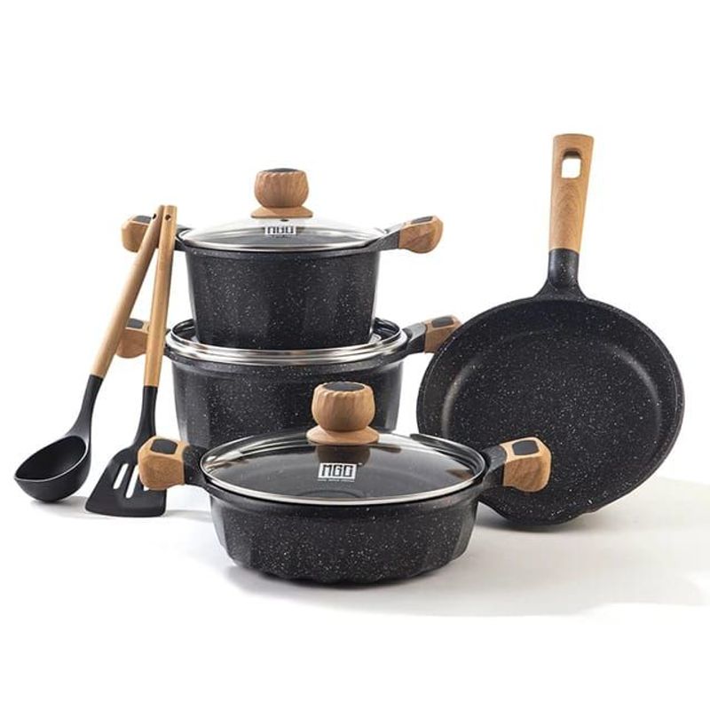 GENERICO - Juego De Olla Roca Volcanica Antiadherente 9pcs Color Negro - MGC