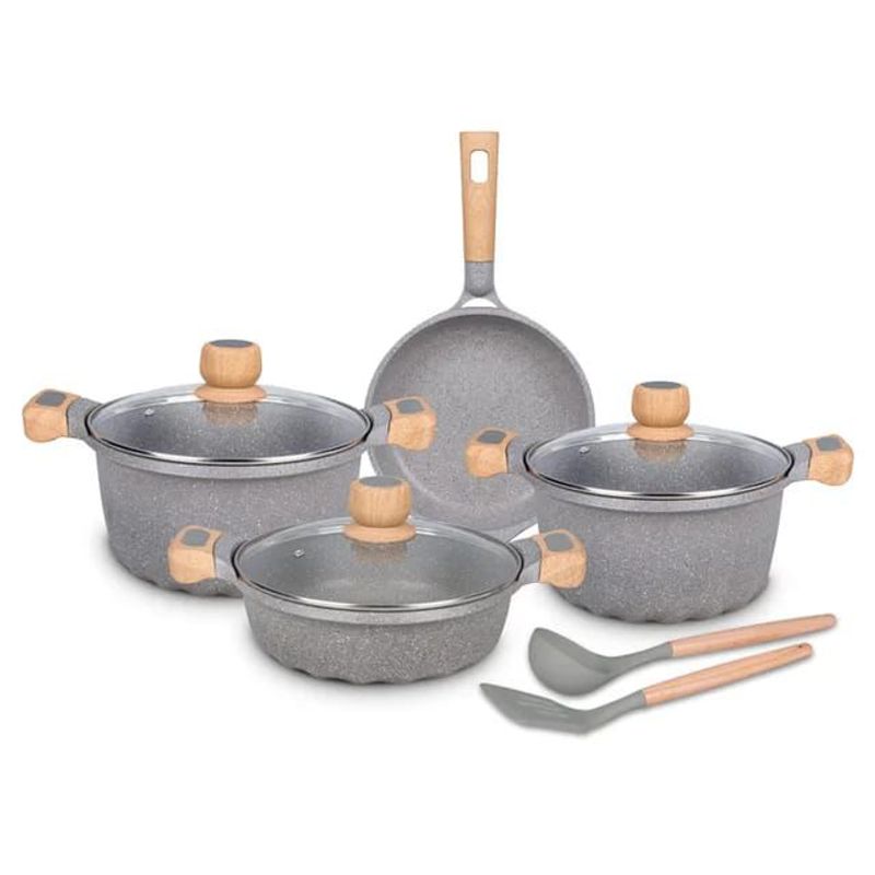 GENERICO - Juego De Olla Roca Volcanica Antiadherente 9pcs Color Gris - MGC