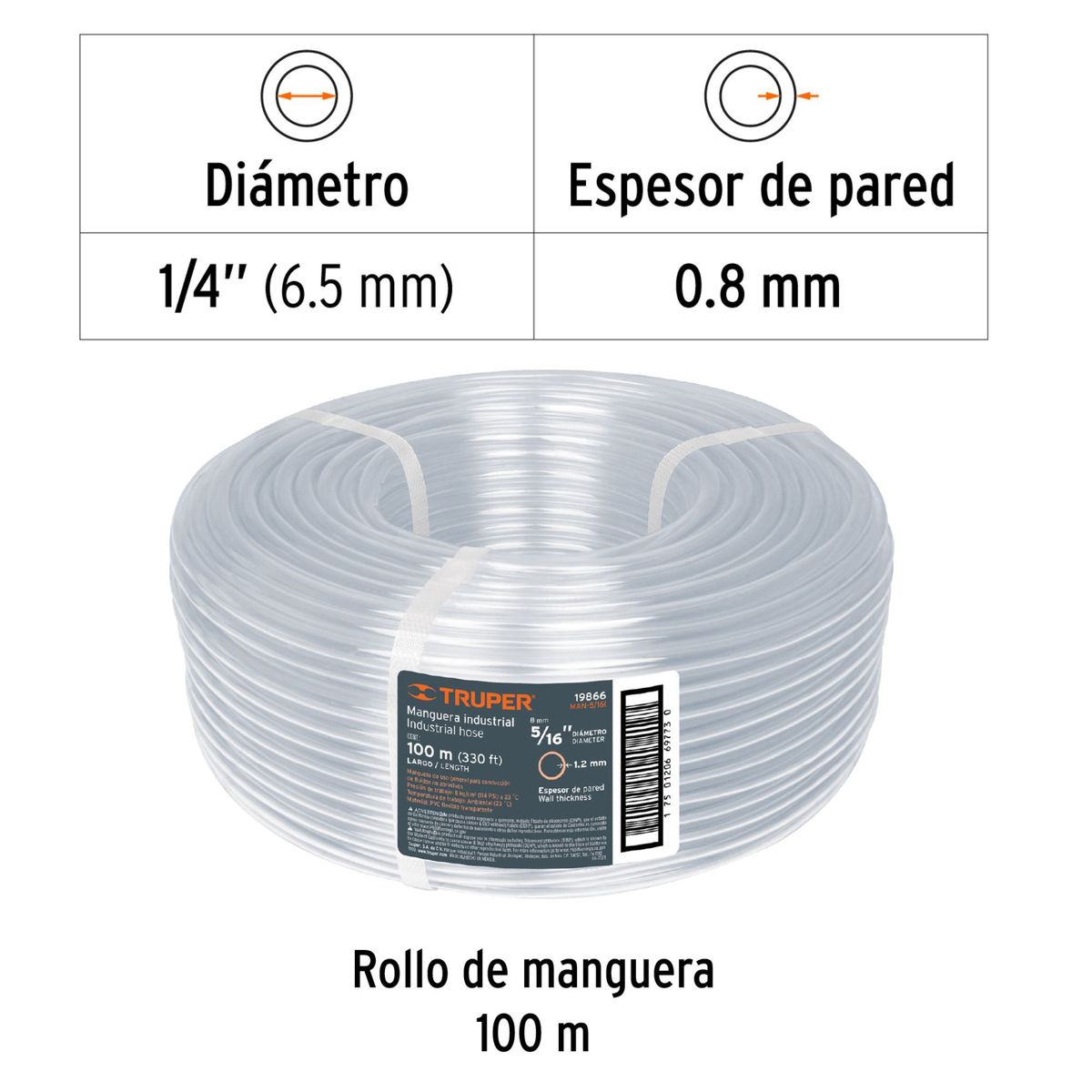 TRUPER - Manguera de nivel por rollo 100 metros  transparente 1-4P Truper