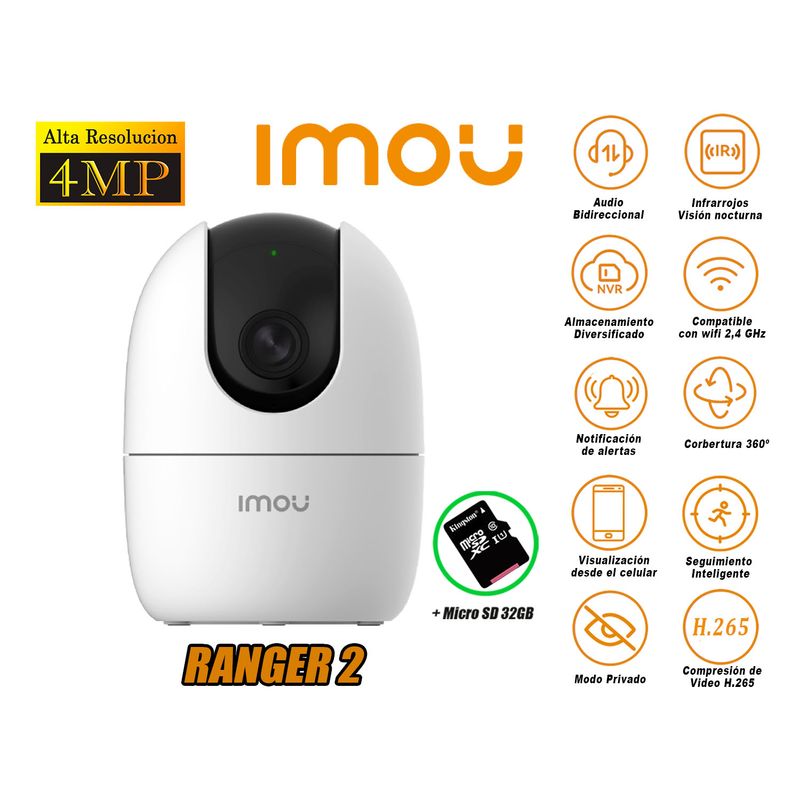 IMOU - Cámara de Seguridad Wi-Fi RANGER 2 Gira 360º 4MP + Micro SD 32GB