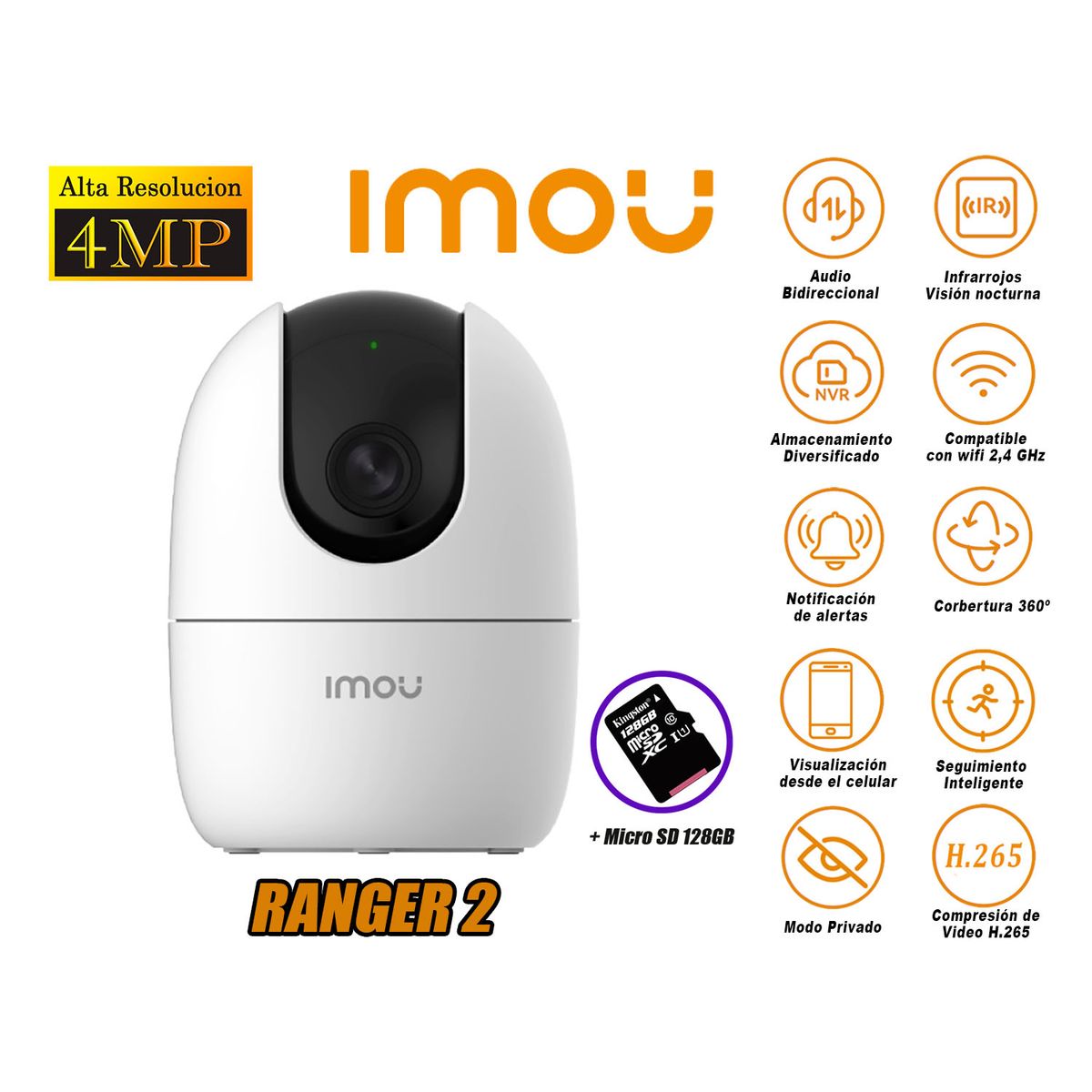 IMOU - Cámara de Seguridad Wi-Fi RANGER 2 Gira 360º 4MP + Micro SD 128GB