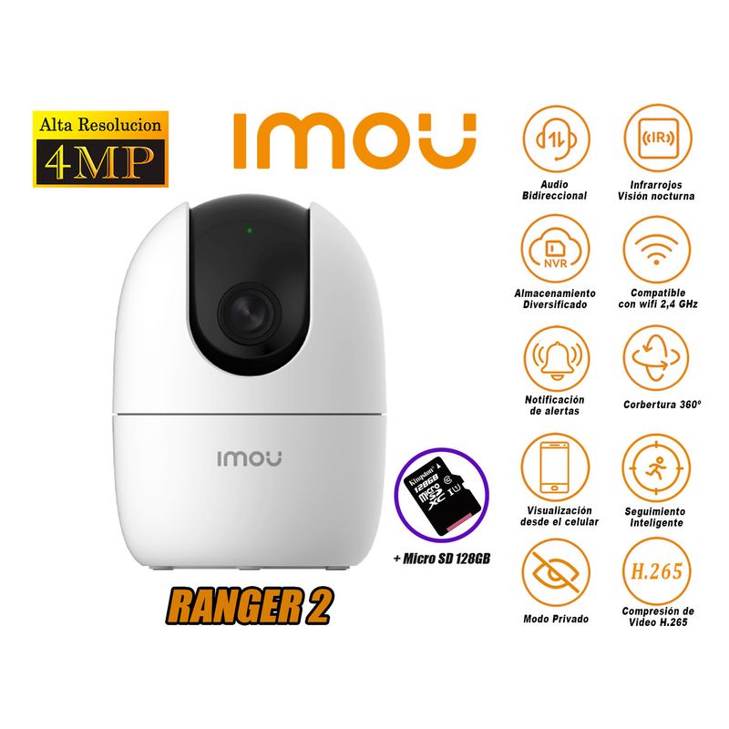 IMOU - Cámara de Seguridad Wi-Fi RANGER 2 Gira 360º 4MP + Micro SD 128GB