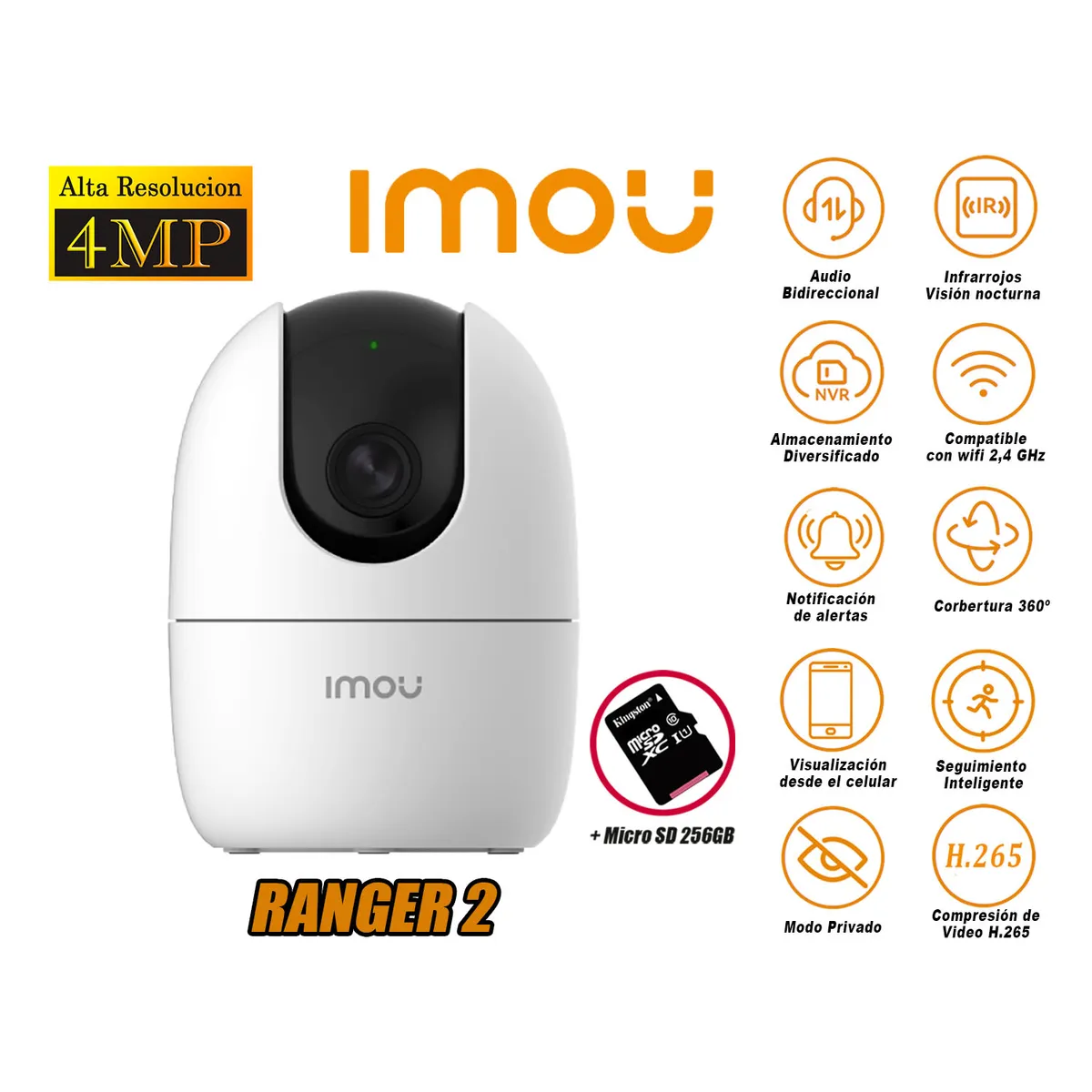 IMOU - Cámara de Seguridad Wi-Fi RANGER 2 4MP Gira 360 Audio 2 vías SD 256GB
