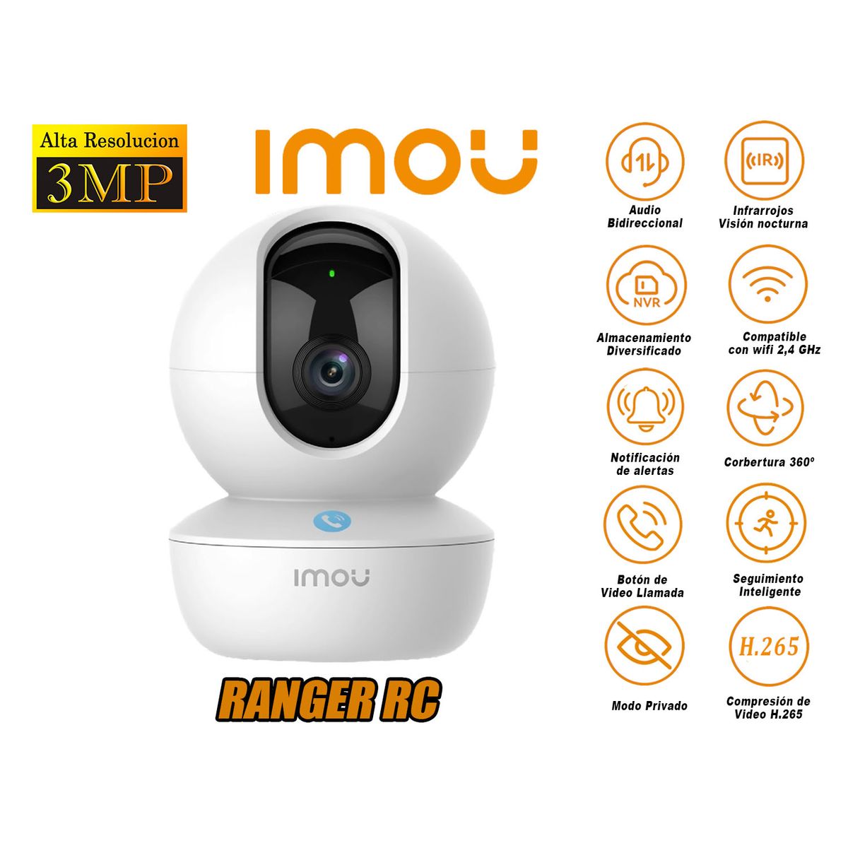 IMOU - Cámara de Seguridad Wi-Fi RANGER RC 3MP Gira 360 Audio Bidireccional
