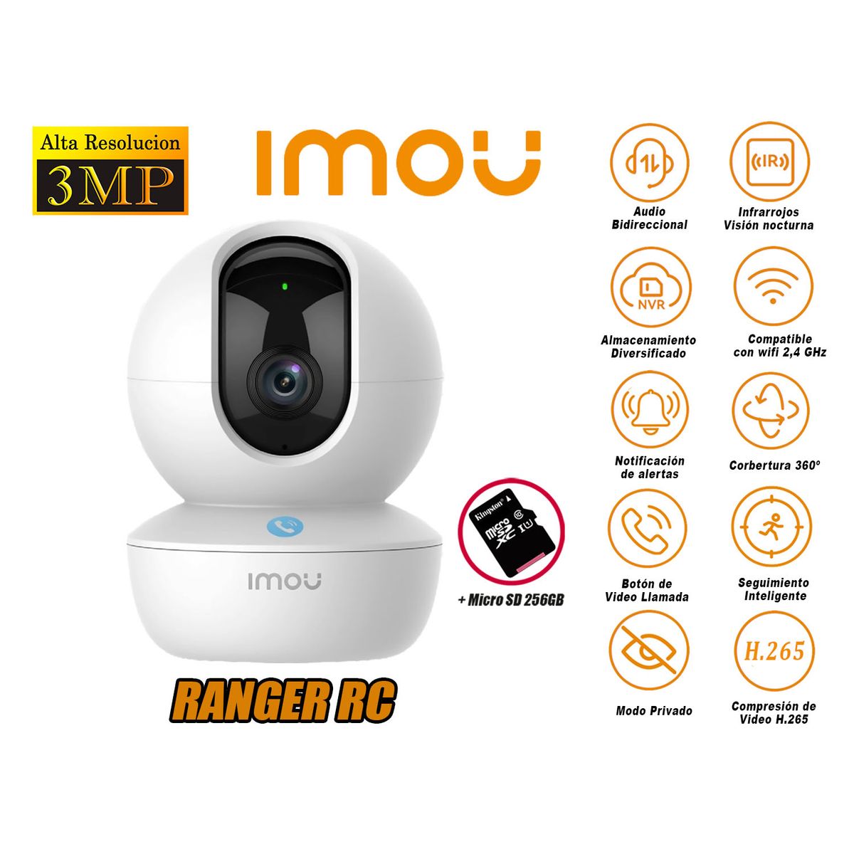 IMOU - Cámara Seguridad Wi-Fi RANGER RC 3MP Gira 360º + Micro SD 256GB