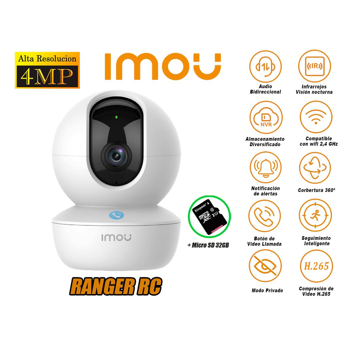 IMOU - Cámara de Seguridad Wi-Fi RANGER RC Gira 360º 4MP + Micro SD 32GB