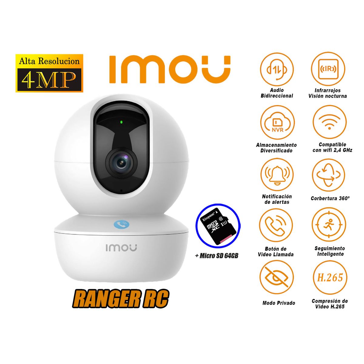 IMOU - Cámara de Seguridad Wi-Fi RANGER RC Gira 360º 4MP + Micro SD 64GB