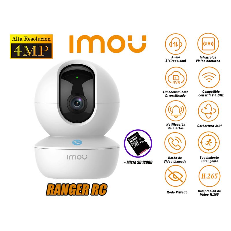 IMOU - Cámara Seguridad Wi-Fi RANGER RC Gira 360º 4MP + Micro SD 128GB