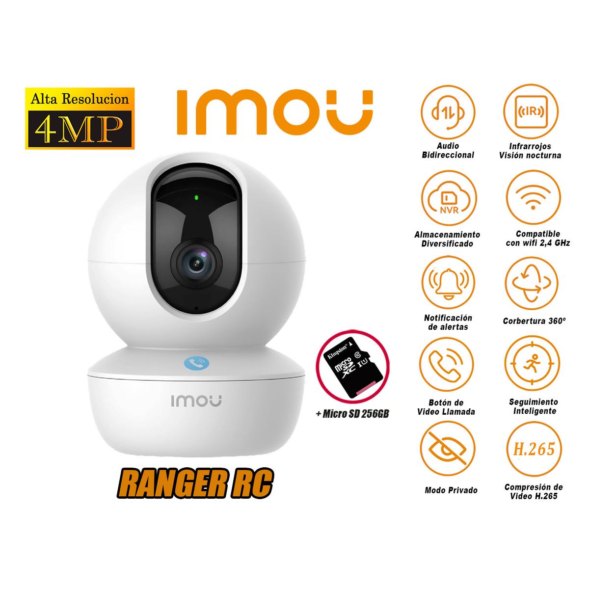 IMOU - Cámara Seguridad Wi-Fi RANGER RC 4MP Gira 360 + Micro SD 256GB