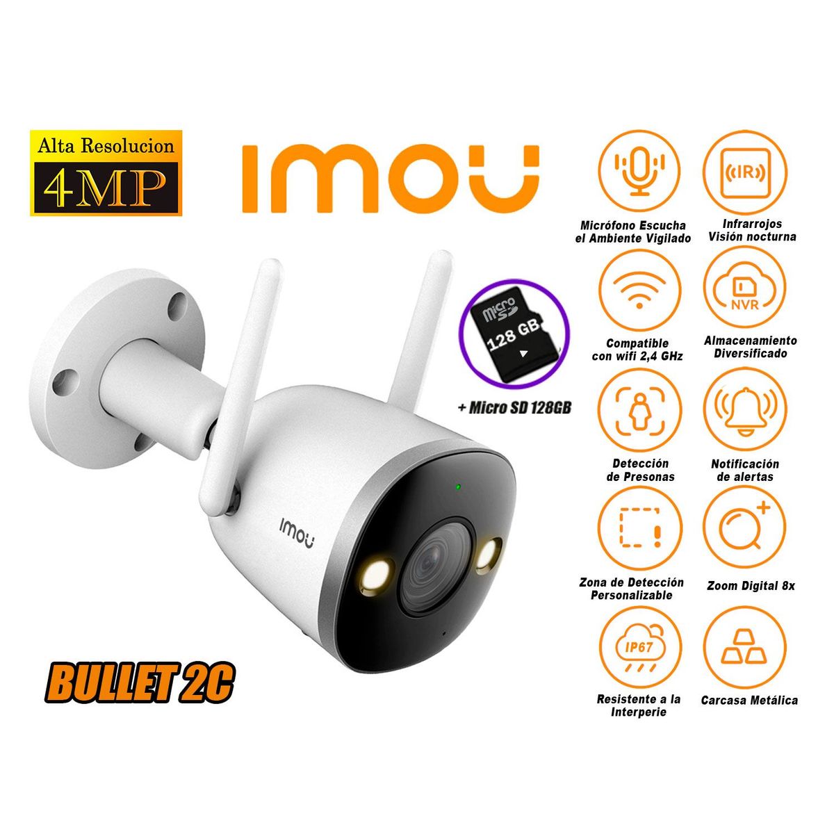 IMOU - Cámara de Seguridad Wi-Fi BULLET 2C 4MP Exterior + Micro SD 128GB
