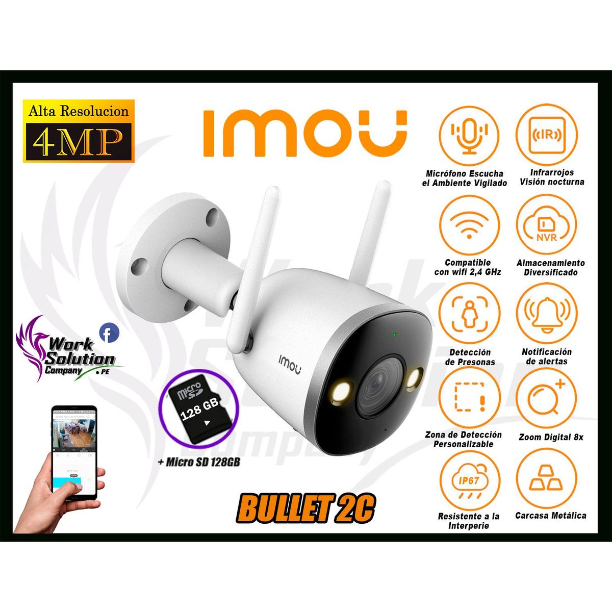 IMOU - Cámara de Seguridad Wi-Fi BULLET 2C 4MP Exterior + Micro SD 128GB