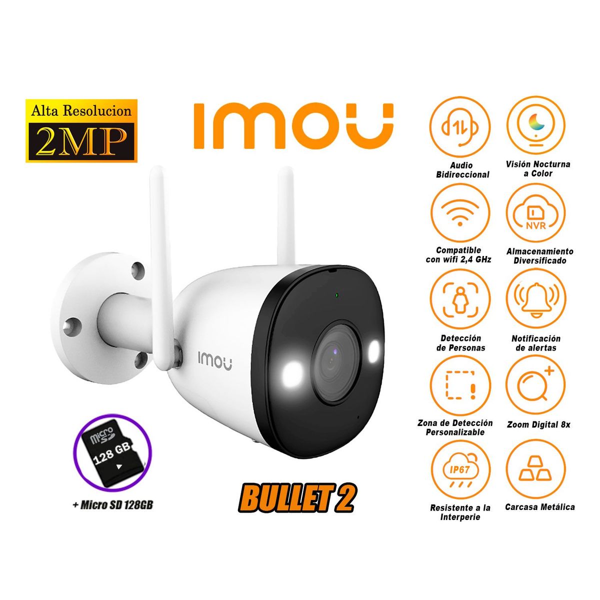 IMOU - Cámara Seguridad WiFi BULLET 2 Full HD Externa Noche Color 128GB