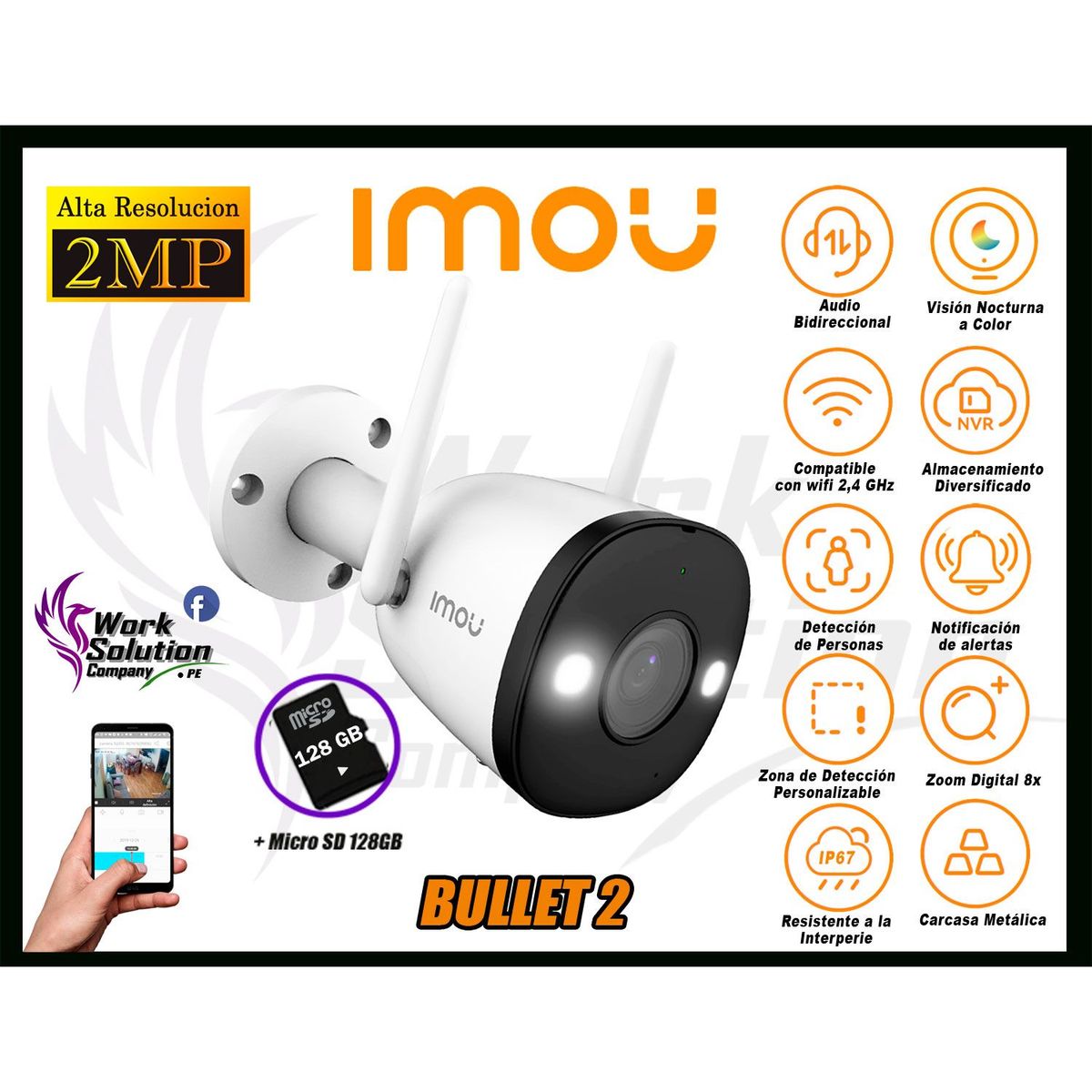 IMOU - Cámara Seguridad WiFi BULLET 2 Full HD Externa Noche Color 128GB