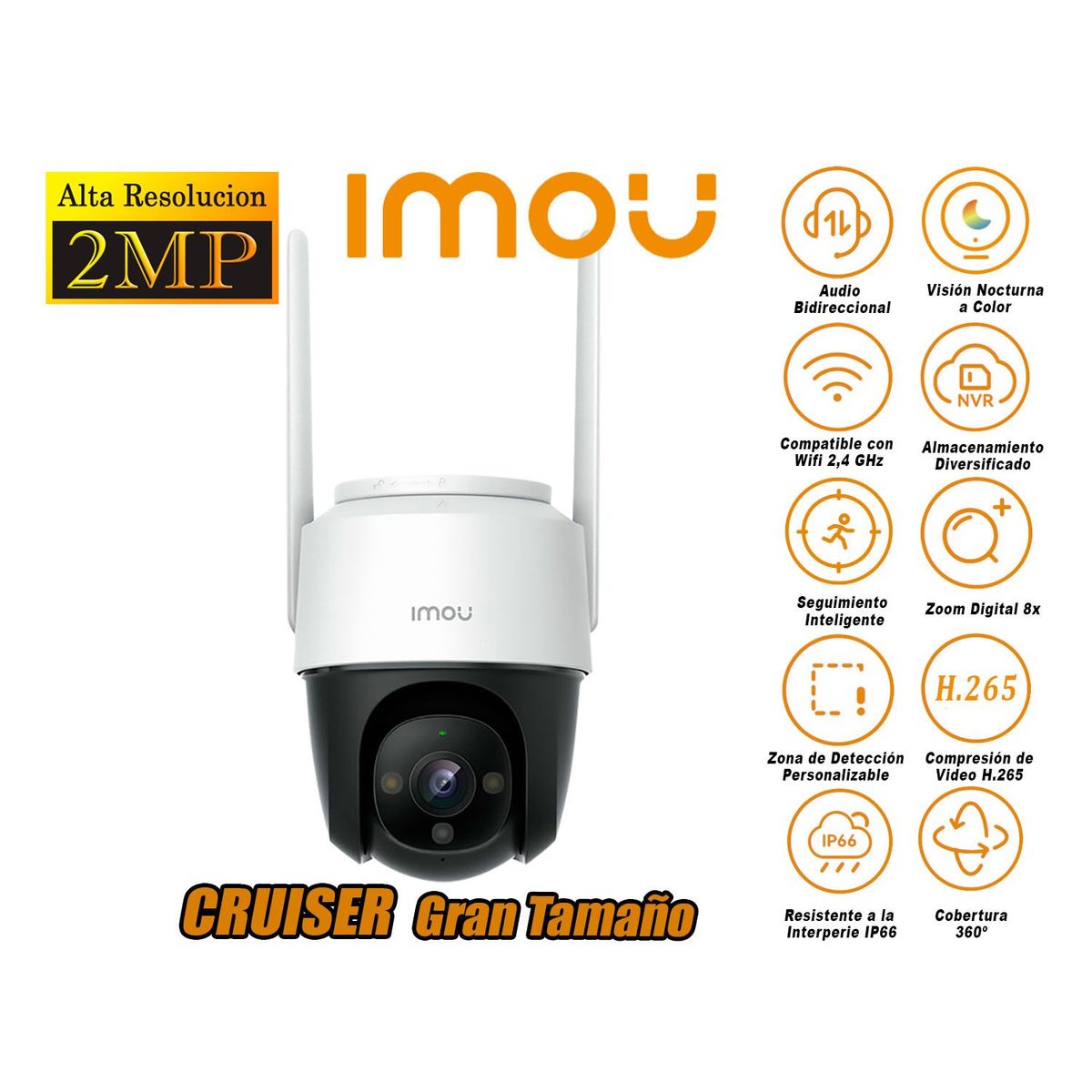 IMOU - Cámara Seguridad Wi-Fi CRUISER 2MP 360º Gran Tamaño Noche Color