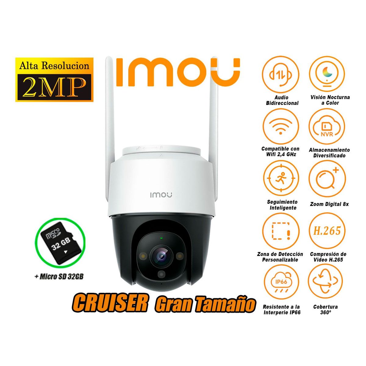 IMOU - Cámara de Seguridad Wi-Fi CRUISER 2MP 360º Gran Tamaño + SD 32GB