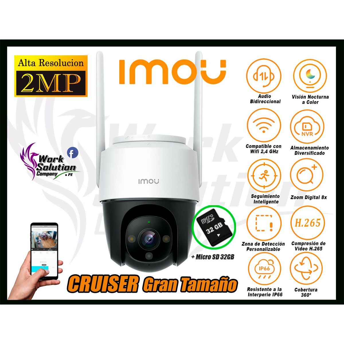 IMOU - Cámara de Seguridad Wi-Fi CRUISER 2MP 360º Gran Tamaño + SD 32GB