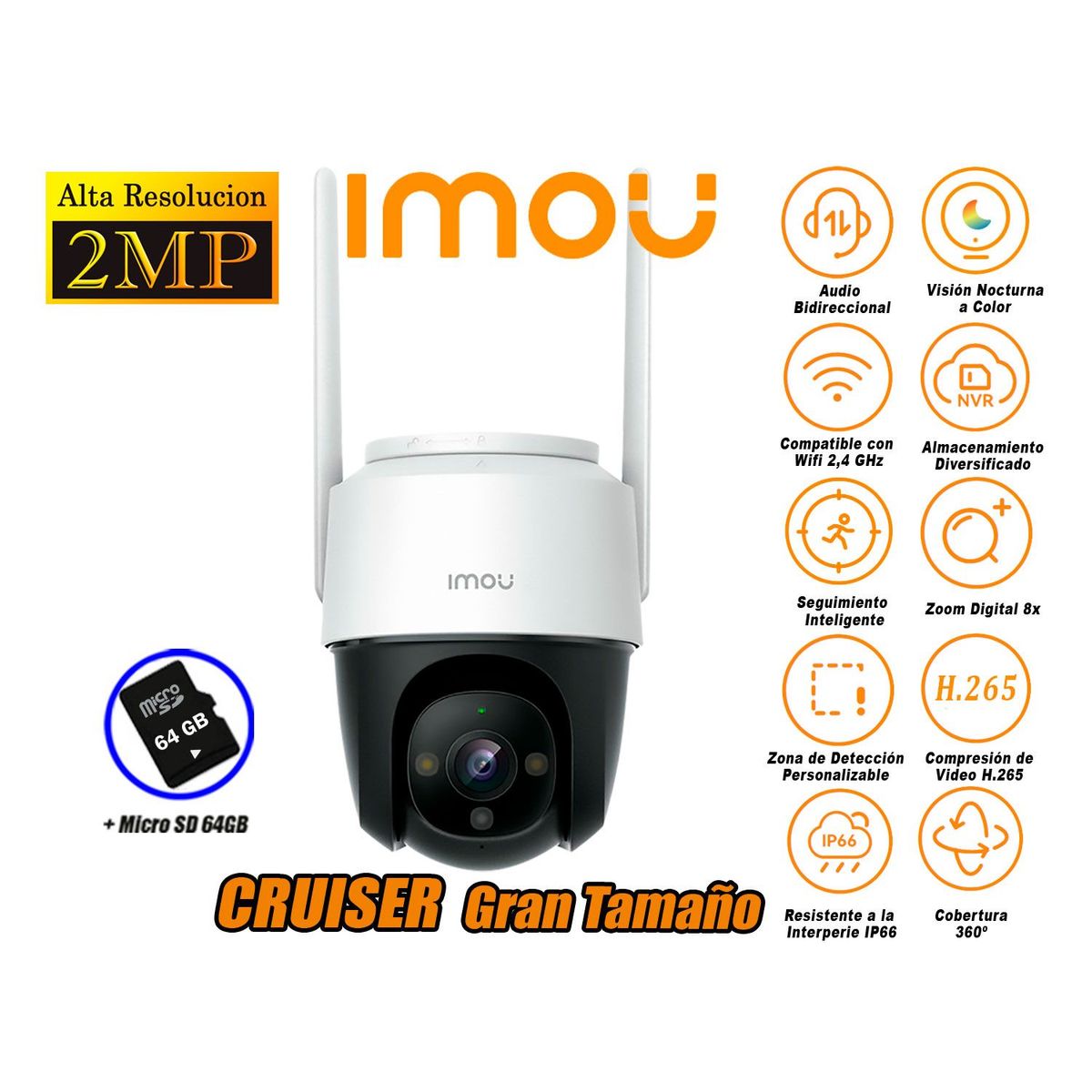 IMOU - Cámara de Seguridad Wi-Fi CRUISER 2MP 360º Gran Tamaño + SD 64GB